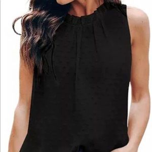 Polka Dot Solid Pleated Ruffle Sleeveless Loose Shirt Tee Double Line